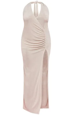 Plus Accetate Slinky Plunge Halterneck Maxi Dress-PrettyLittleThing Outlet