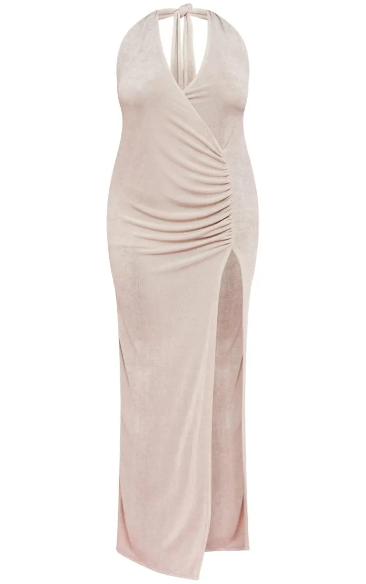 Plus Accetate Slinky Plunge Halterneck Maxi Dress-PrettyLittleThing Outlet