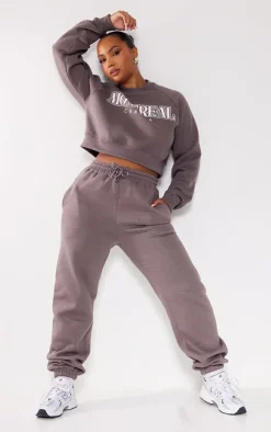 PrettyLittleThing Blue Sweatsuits*Plus Montreal Printed Crop Sweatshirt