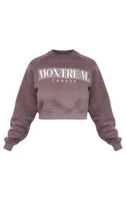 PrettyLittleThing Blue Sweatsuits*Plus Montreal Printed Crop Sweatshirt