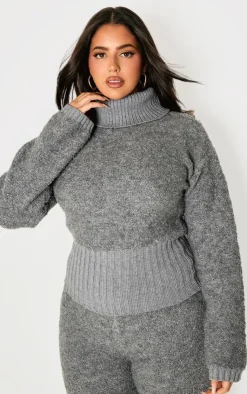 PrettyLittleThing Sweaters*Plus Contrast Textured Knit Bardot Foldover Sweater