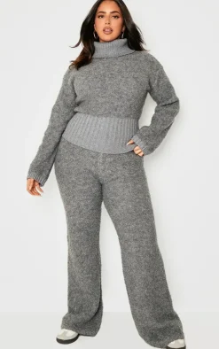 Online PrettyLittleThing Plus Contrast Textured Knit Straight Leg Pants Charcoal