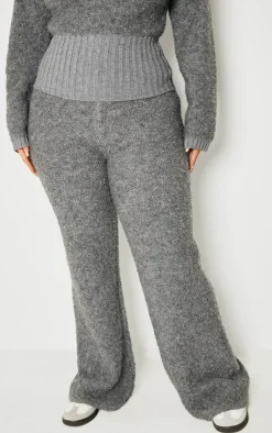 Online PrettyLittleThing Plus Contrast Textured Knit Straight Leg Pants Charcoal