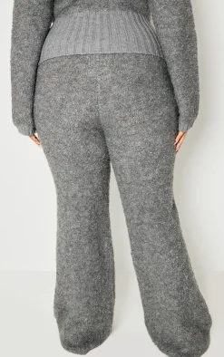 Online PrettyLittleThing Plus Contrast Textured Knit Straight Leg Pants Charcoal