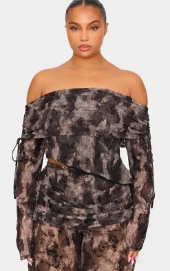 Outlet PrettyLittleThing Plus Devore Mesh Foldover Long Sleeve Top Charcoal