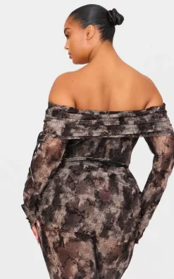 Outlet PrettyLittleThing Plus Devore Mesh Foldover Long Sleeve Top Charcoal