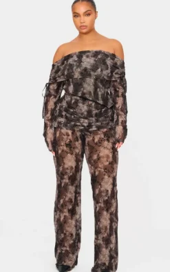 Outlet PrettyLittleThing Plus Devore Mesh Foldover Long Sleeve Top Charcoal