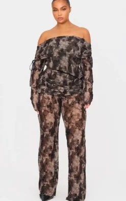 Online PrettyLittleThing Plus Devore Mesh Foldover Slim Flare Pants Charcoal