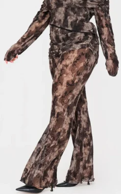 Online PrettyLittleThing Plus Devore Mesh Foldover Slim Flare Pants Charcoal