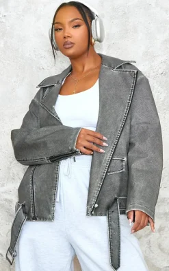 PrettyLittleThing Faux Leather Jackets*Plus Distressed Look Faux Leather Longline Biker Jacket