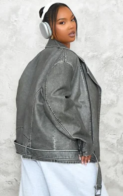 PrettyLittleThing Faux Leather Jackets*Plus Distressed Look Faux Leather Longline Biker Jacket