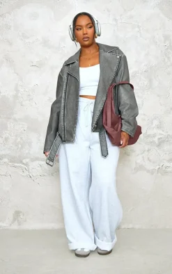 PrettyLittleThing Faux Leather Jackets*Plus Distressed Look Faux Leather Longline Biker Jacket
