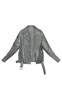 PrettyLittleThing Faux Leather Jackets*Plus Distressed Look Faux Leather Longline Biker Jacket