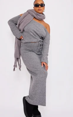 Discount PrettyLittleThing Plus Distressed Knit Foldover Waistband Midi Skirt Charcoal Grey