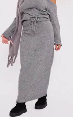 Discount PrettyLittleThing Plus Distressed Knit Foldover Waistband Midi Skirt Charcoal Grey