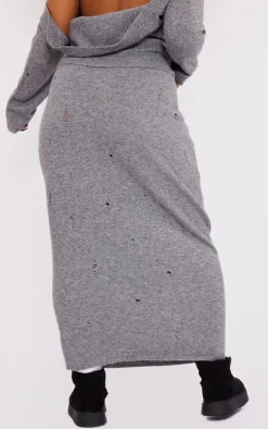 Discount PrettyLittleThing Plus Distressed Knit Foldover Waistband Midi Skirt Charcoal Grey