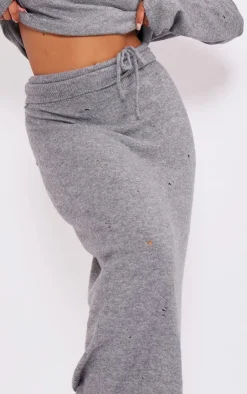 Discount PrettyLittleThing Plus Distressed Knit Foldover Waistband Midi Skirt Charcoal Grey