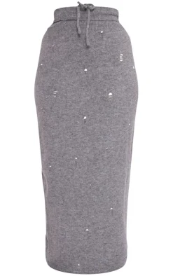 Discount PrettyLittleThing Plus Distressed Knit Foldover Waistband Midi Skirt Charcoal Grey