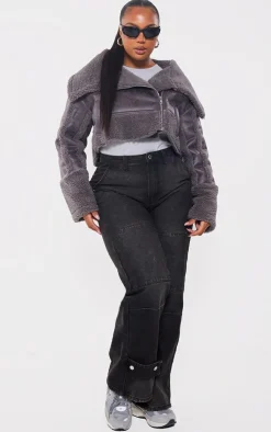 PrettyLittleThing Aviator Jackets*Plus Faux Suede Borg Trim Aviator