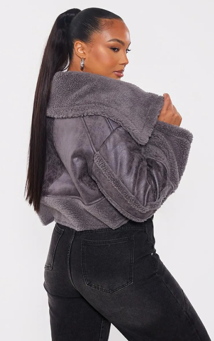 PrettyLittleThing Aviator Jackets*Plus Faux Suede Borg Trim Aviator