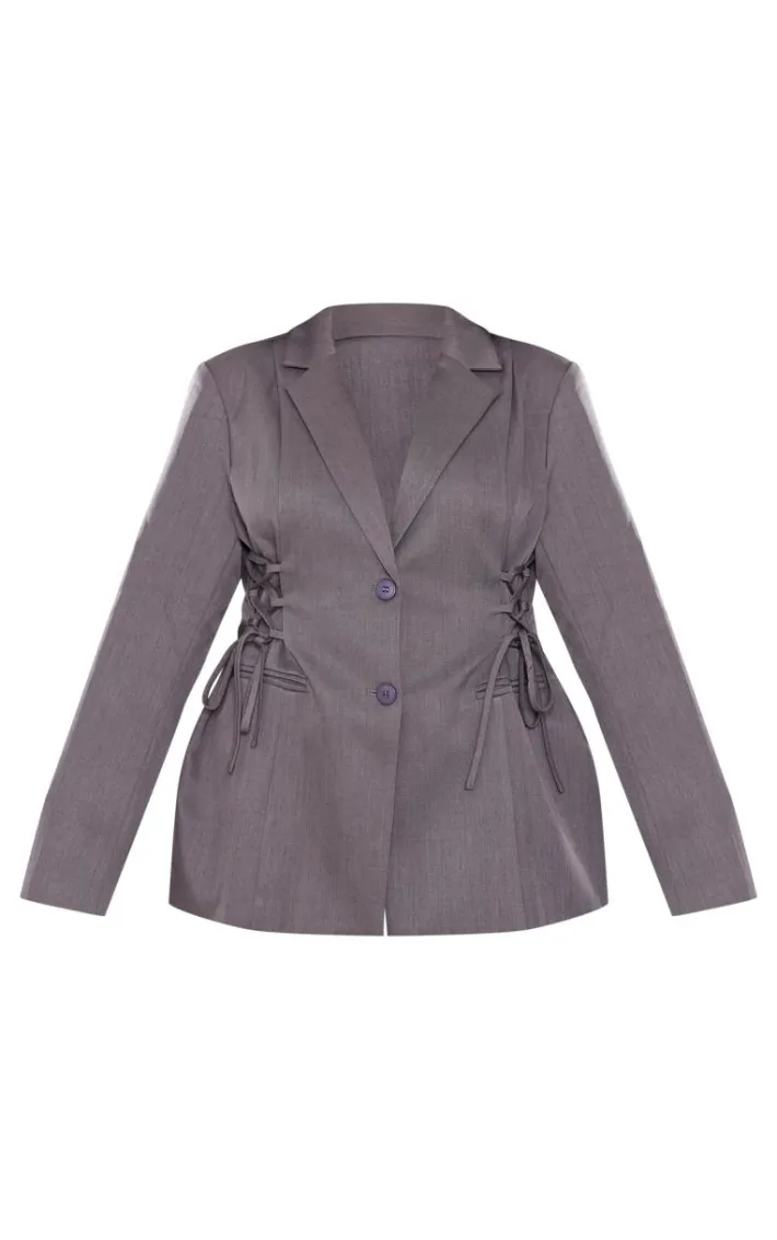 Plus Charcoal Lace Up Waist Blazer