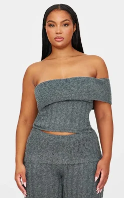 Best PrettyLittleThing Plus Marl Textured Knit Foldover Bandeau Top Charcoal