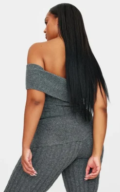 Best PrettyLittleThing Plus Marl Textured Knit Foldover Bandeau Top Charcoal