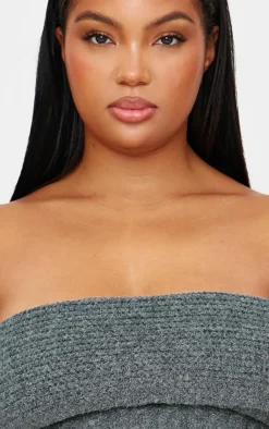 Best PrettyLittleThing Plus Marl Textured Knit Foldover Bandeau Top Charcoal