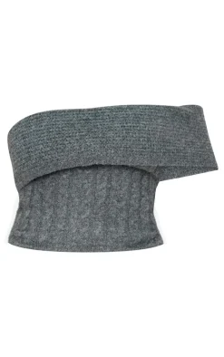 Best PrettyLittleThing Plus Marl Textured Knit Foldover Bandeau Top Charcoal