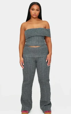 Hot PrettyLittleThing Plus Marl Textured Knit Foldover Wide Leg Pants Charcoal