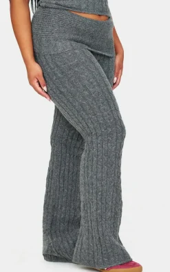 Hot PrettyLittleThing Plus Marl Textured Knit Foldover Wide Leg Pants Charcoal