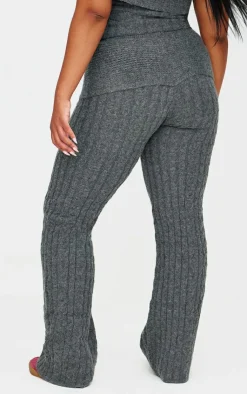 Hot PrettyLittleThing Plus Marl Textured Knit Foldover Wide Leg Pants Charcoal