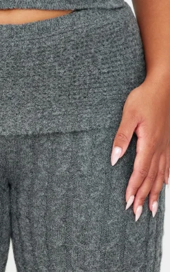 Hot PrettyLittleThing Plus Marl Textured Knit Foldover Wide Leg Pants Charcoal