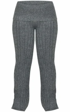 Hot PrettyLittleThing Plus Marl Textured Knit Foldover Wide Leg Pants Charcoal