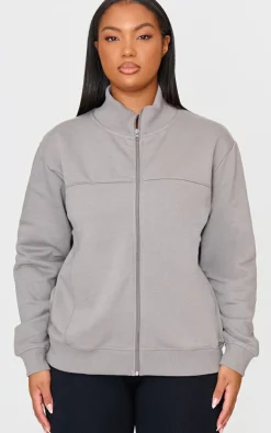 PrettyLittleThing Grey Sweatsuits*Plus Seam Detail Zip Through Oversized Track Top