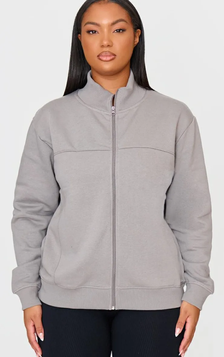 PrettyLittleThing Grey Sweatsuits*Plus Seam Detail Zip Through Oversized Track Top