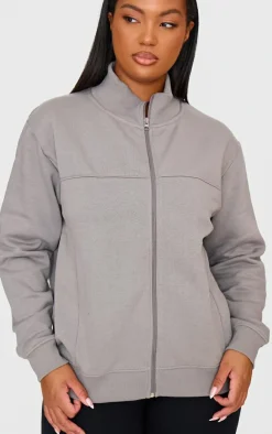 PrettyLittleThing Grey Sweatsuits*Plus Seam Detail Zip Through Oversized Track Top