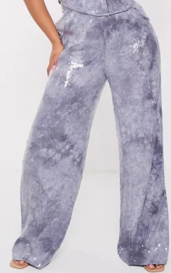 Hot PrettyLittleThing Plus Sequin Wide Leg Pants Charcoal