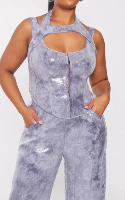 Hot PrettyLittleThing Plus Sequin Wide Leg Pants Charcoal
