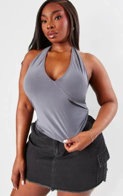 Plus Slinky Halterneck Ruchedside Long Top-PrettyLittleThing Clearance
