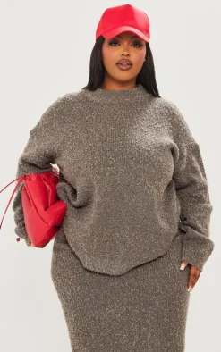 Discount PrettyLittleThing Plus Soft Knit Boucle High Neck Sweater Charcoal