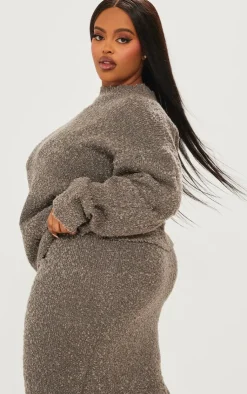 Discount PrettyLittleThing Plus Soft Knit Boucle High Neck Sweater Charcoal
