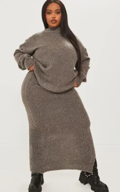 Discount PrettyLittleThing Plus Soft Knit Boucle High Neck Sweater Charcoal