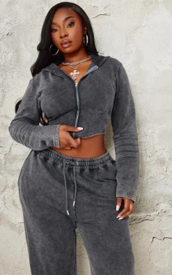 PrettyLittleThing Grey Sweatsuits*Plus Washed Seam Detail Zip Up Corset Hoodie