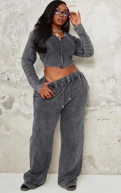 PrettyLittleThing Grey Sweatsuits*Plus Washed Seam Detail Zip Up Corset Hoodie