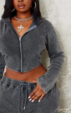PrettyLittleThing Grey Sweatsuits*Plus Washed Seam Detail Zip Up Corset Hoodie