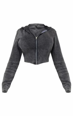 PrettyLittleThing Grey Sweatsuits*Plus Washed Seam Detail Zip Up Corset Hoodie