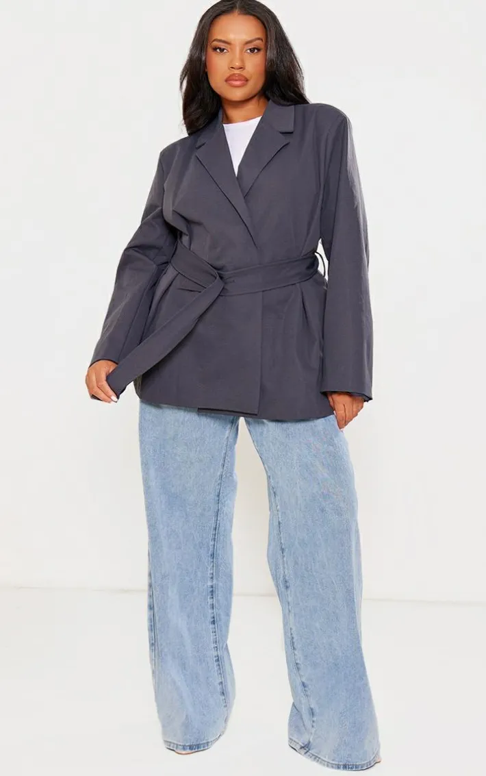 Plus Charcoal Wide Belted Waist Blazer