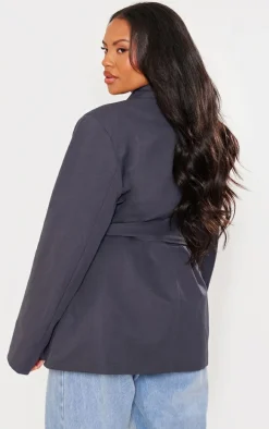 Plus Charcoal Wide Belted Waist Blazer