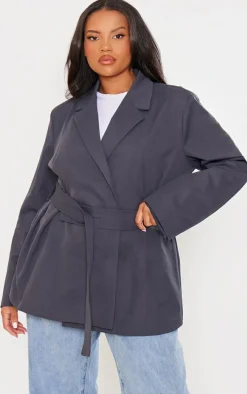 Plus Charcoal Wide Belted Waist Blazer